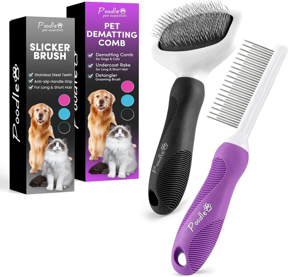 Poodle Pet Detangling Pet Comb + Black Slicker Brush Bundle