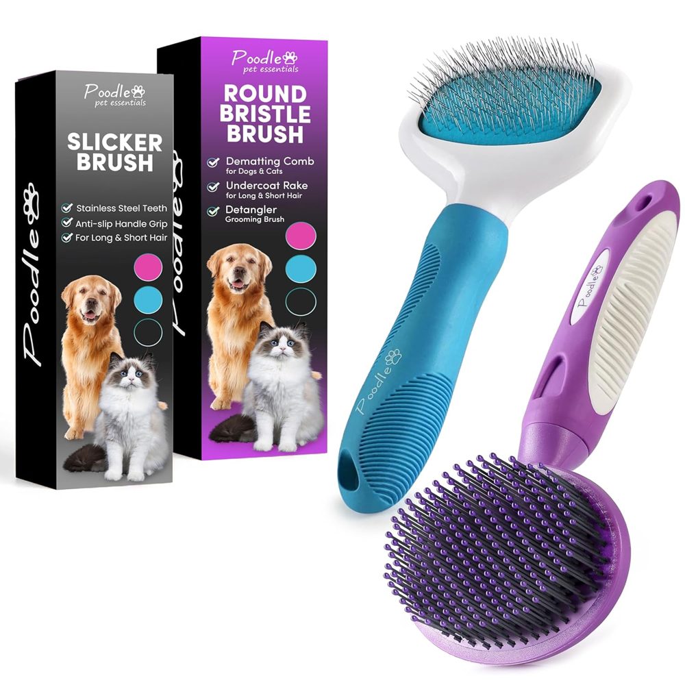 Poodle Pet Bundle – Round Bristle Brush + Blue Slicker Brush