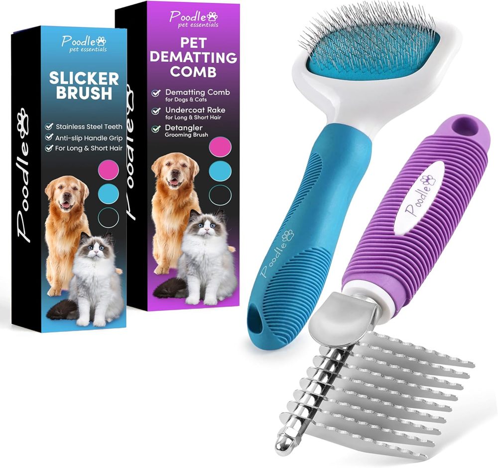 Poodle Pet Bundle – Dematting Rake + Purple Slicker Brush