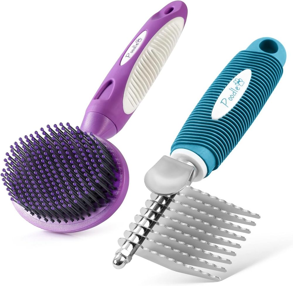 Poodle Pet Bundle – Blue Dematting Rake + Purple Slicker Brush