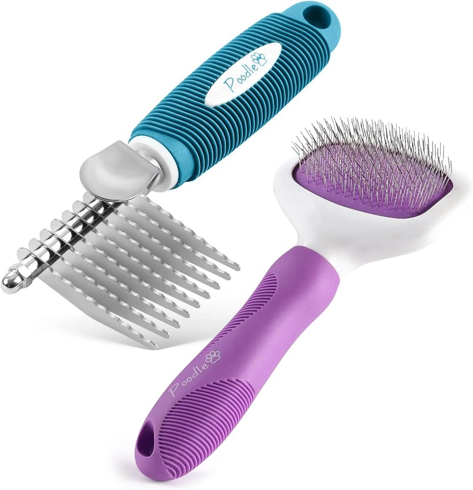Poodle Pet Bundle – Dematting Rake + Slicker Brush (Blue)