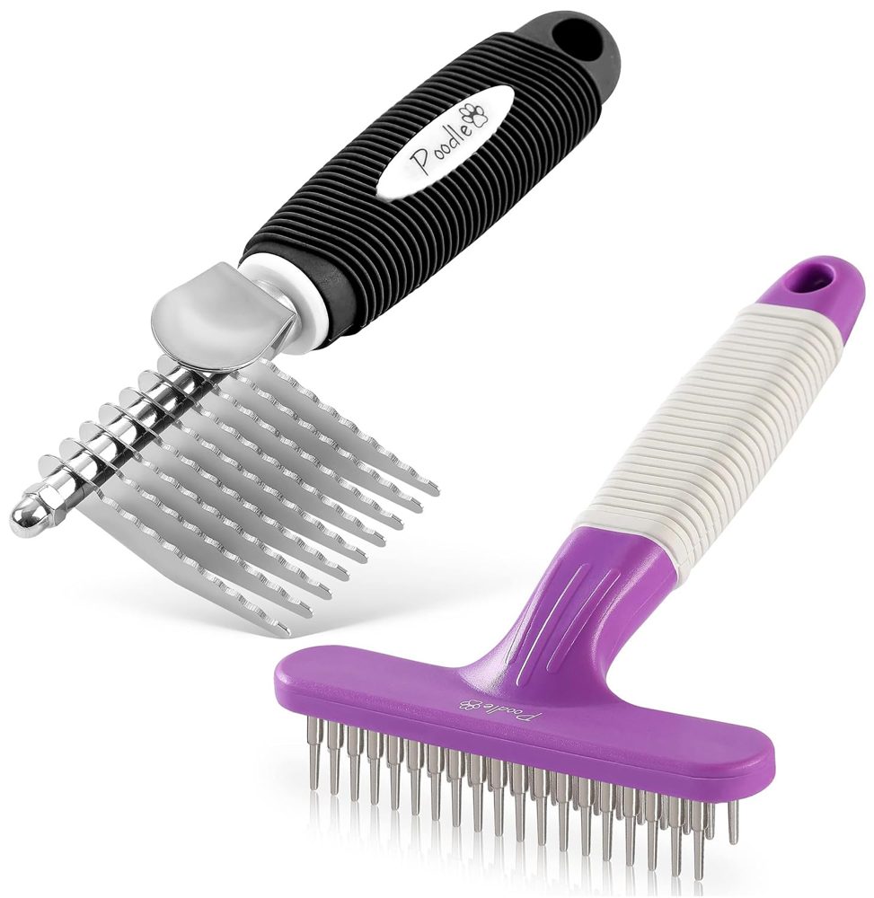 Poodle Pet Dog Grooming Rake + Dematting Comb Black Bundle
