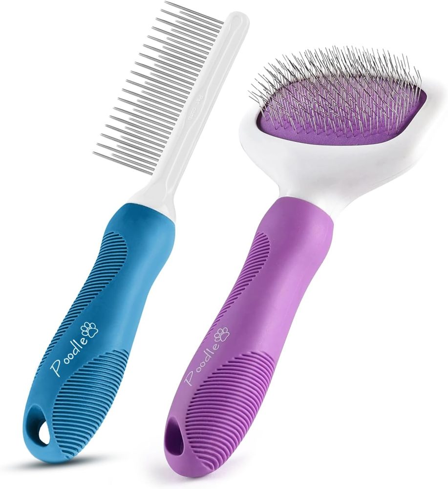 Poodle Pet Bundle – Detangling Comb + Slicker Brush (Purple)