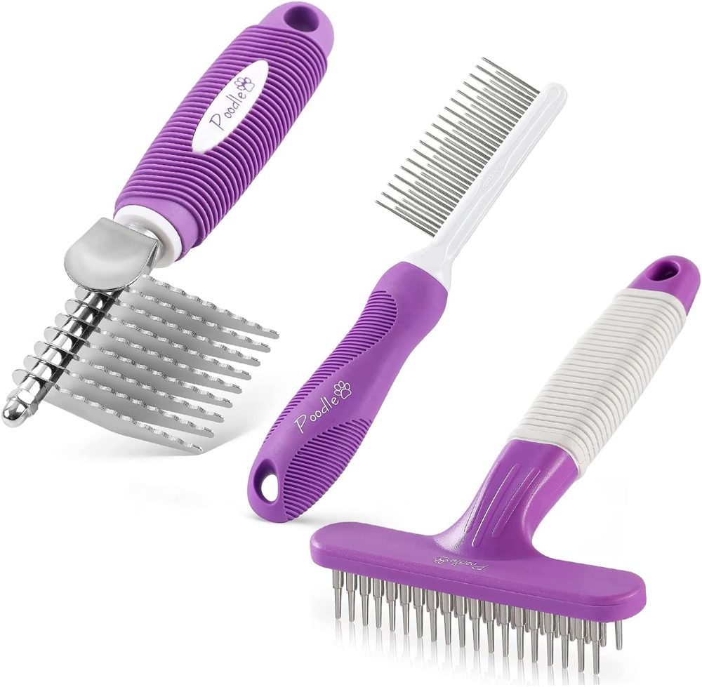 Poodle Pet Dematting Rake + Detangling Comb + Grooming Rake Bundle