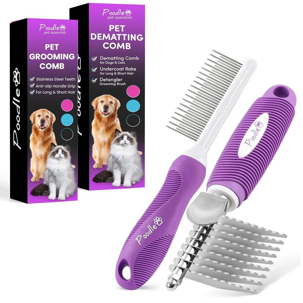 Poodle Pet Bundle – Dematting Rake + Detangling Comb (Purple)