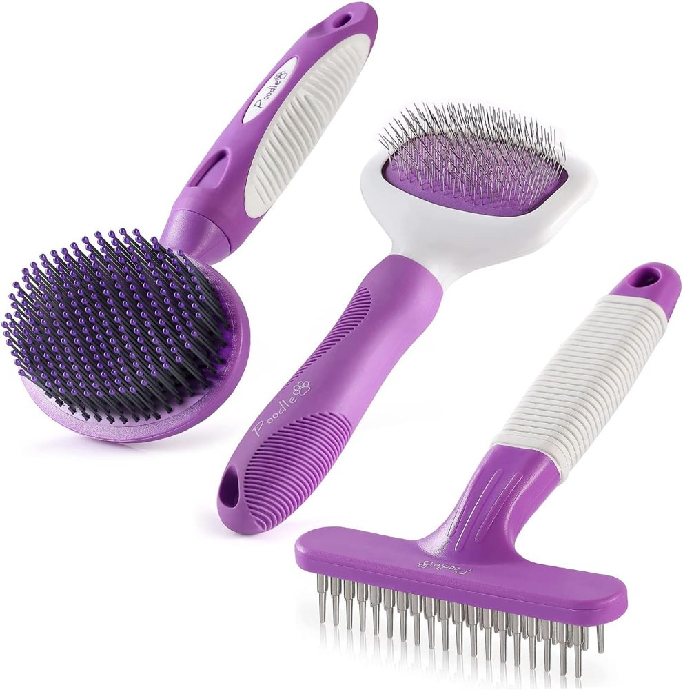 Poodle Pet Slicker Brush + Grooming Rake + Round Bristle Brush Bundle