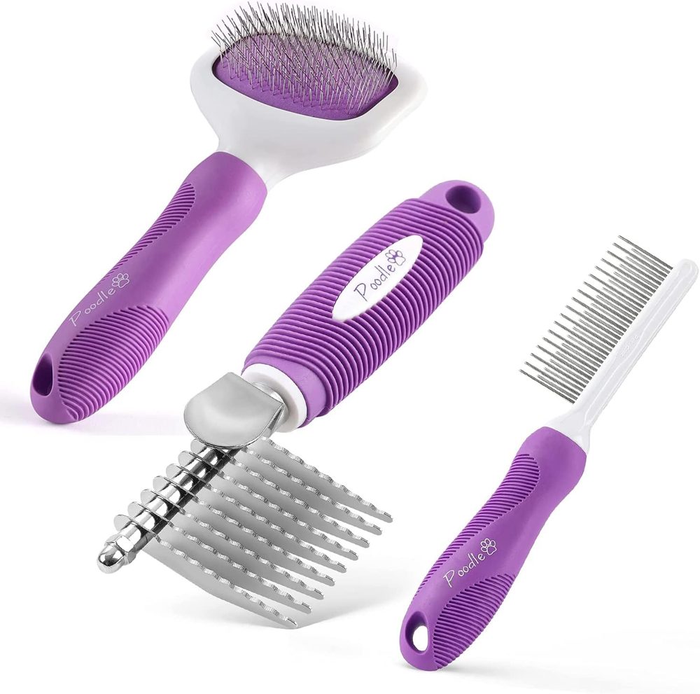 Poodle Pet Detangling Comb + Dematting Rake + Slicker Brush Bundle
