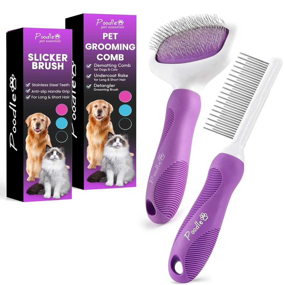 POODLIE Pet Grooming Bundle – Detangling Comb + Slicker Brush