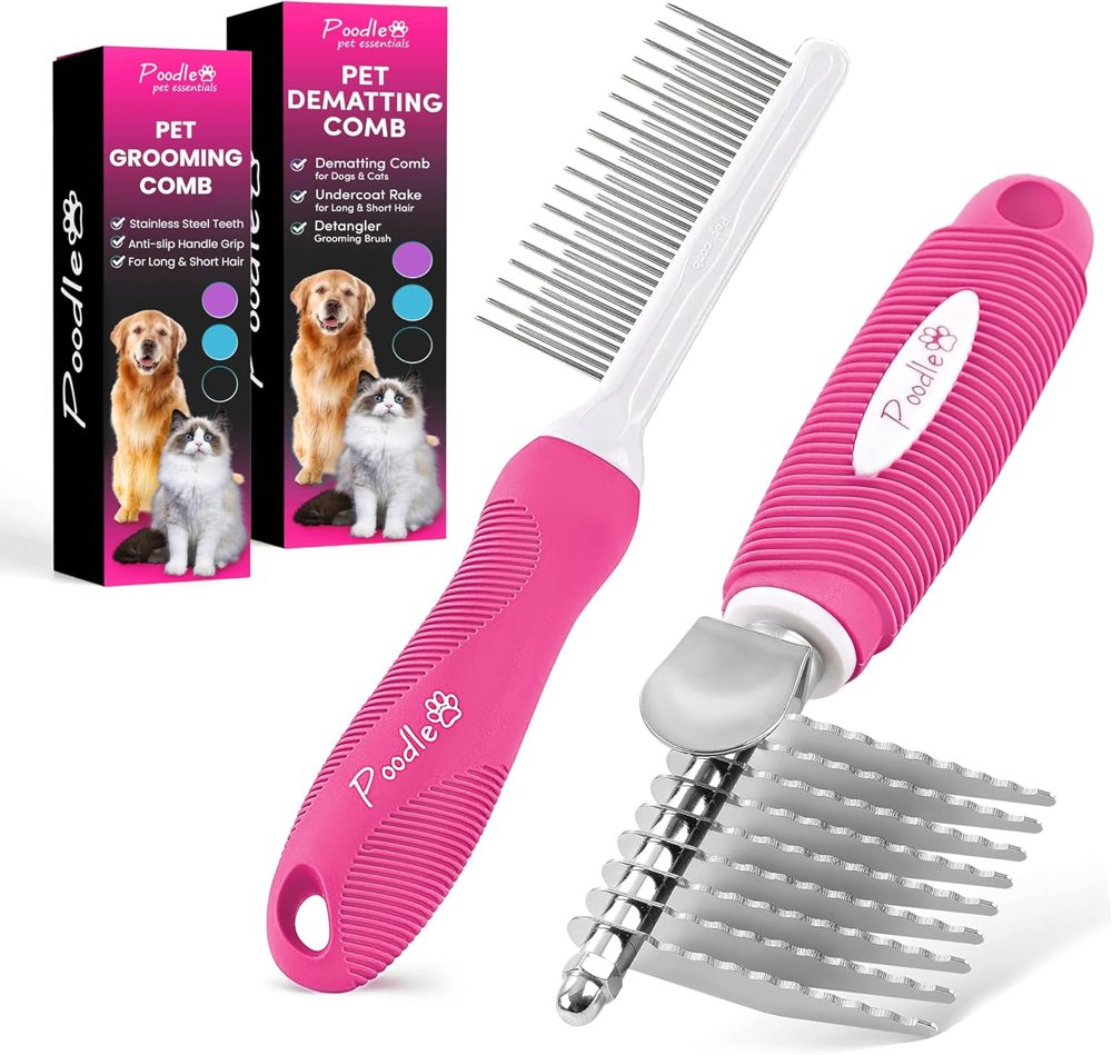 Poodle Pet Bundle – Dematting Rake + Detangling Comb (Pink)