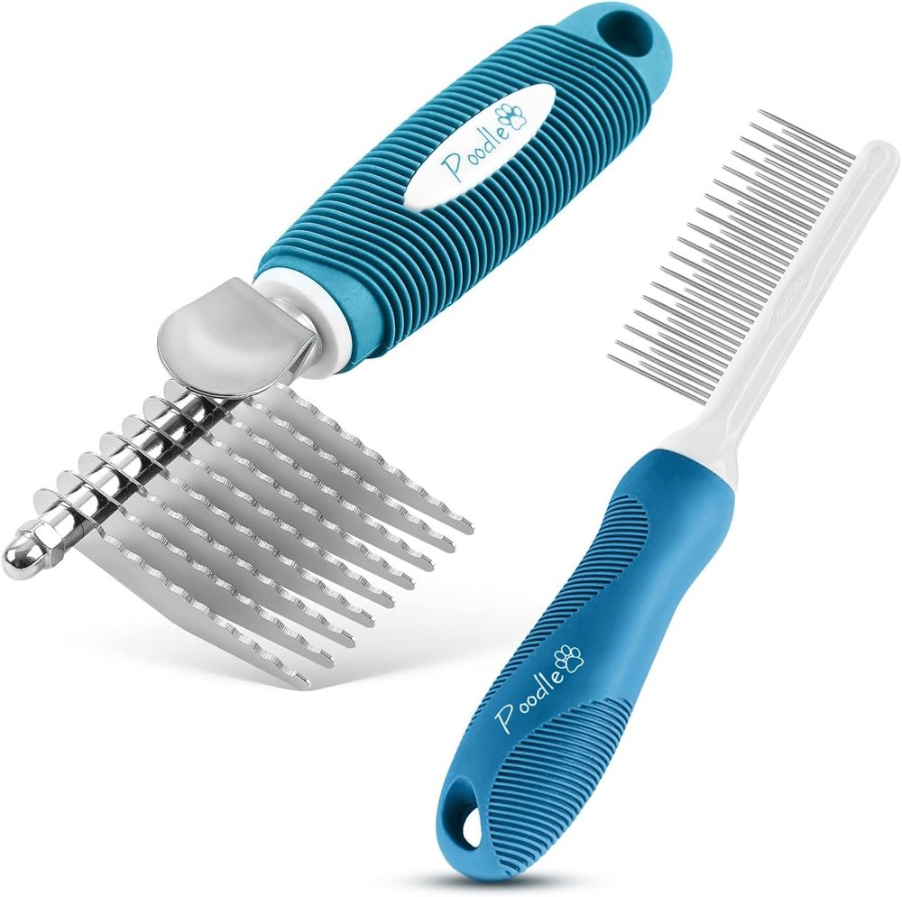 Poodle Pet Bundle – Dematting Rake + Detangling Comb (Blue)