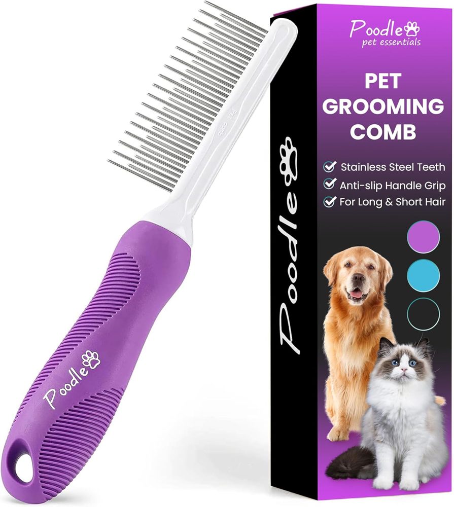 Poodle Pet Detangling Pet Comb + Black Slicker Brush Bundle