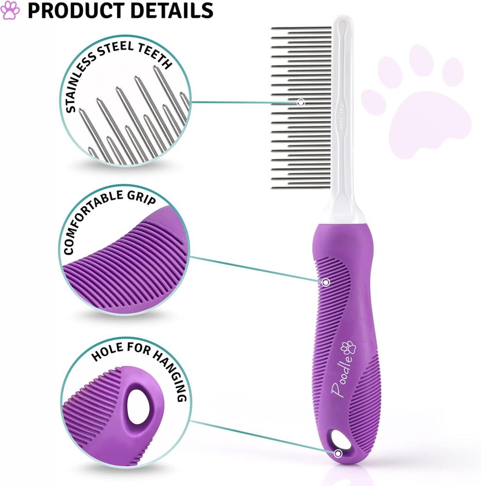 Poodle Pet Detangling Pet Comb + Black Slicker Brush Bundle